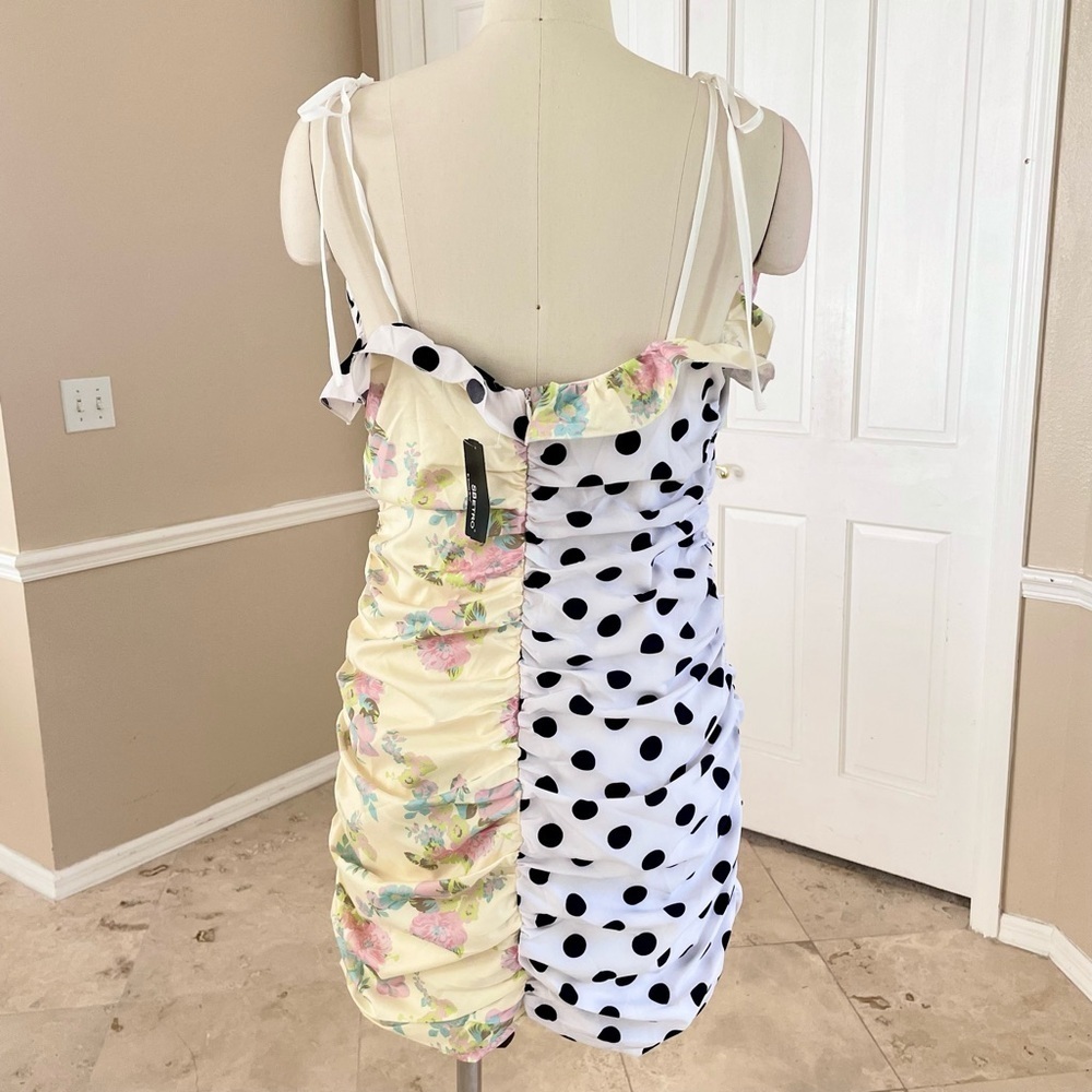 SBetro Ruffle Trim Ruched Polka Dot & Floral Dress - Picture 3 of 4